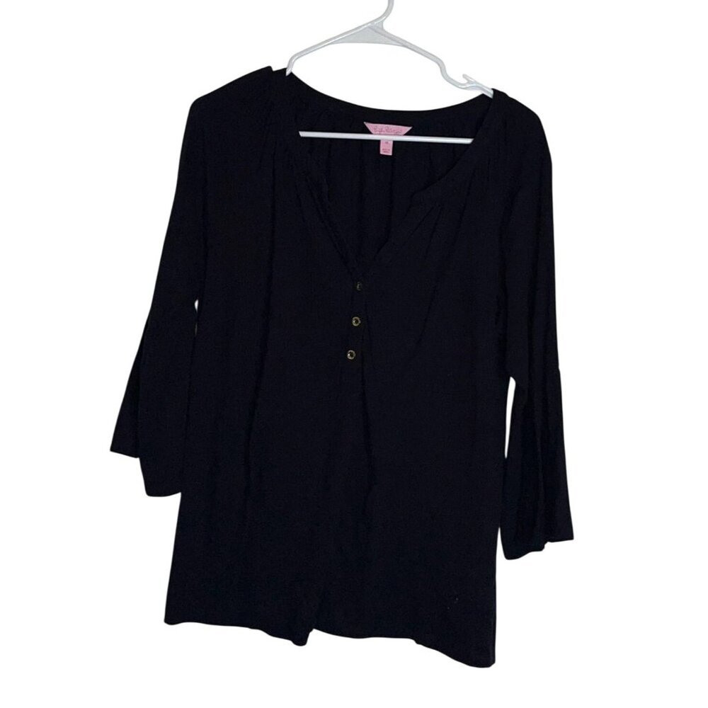 Lilly Pulitzer Navy Blue 3/4 Sleeve Button-Front Top Size M - Picture 2 of 10